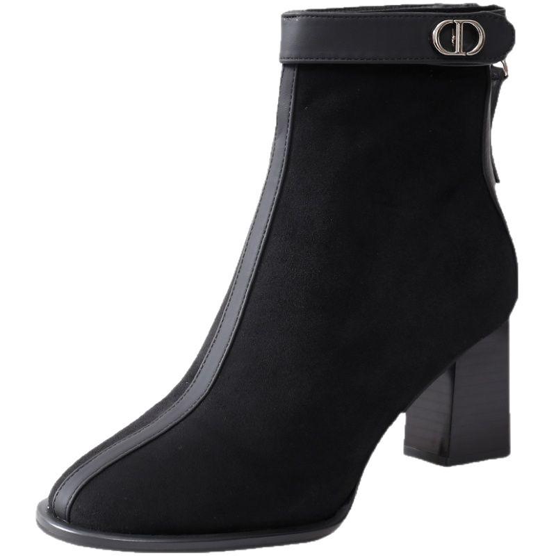 Weiche Lederstiefeletten mit mittlerem Absatz Herbst und Winter neu dicker Absatz matte Stiefel Französisch retro dünne Stiefel Wildleder Mode Stiefel Damen
