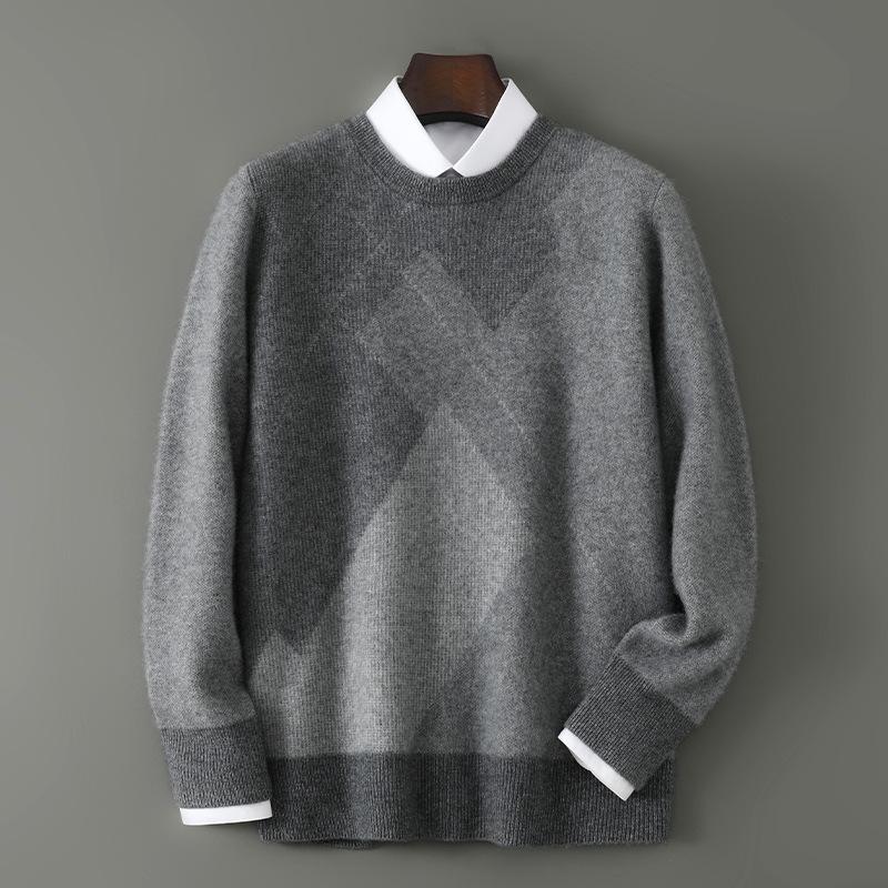 Men's 100% Pure Wool Color Block Round Neck Sweater - Thick Jacquard Knit for Autumn/Winter, Loose Casual Fit.