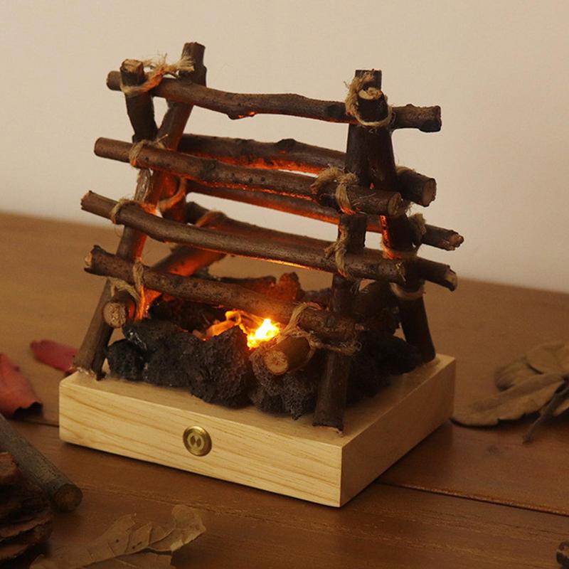 LED Fireplace Logs 3 Modes Adjustable Night Light Flame Lamp USB Rechargeable 3D LED Fake Fire Pit Firewood Lamp Small Electric