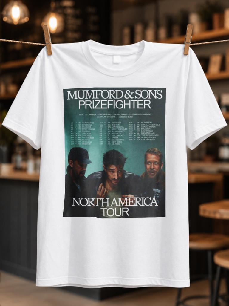 Mumford Prizefighter North America Tour Dates Over Dark Band Photo And Serif Lettering Concert Unisex All TShirt