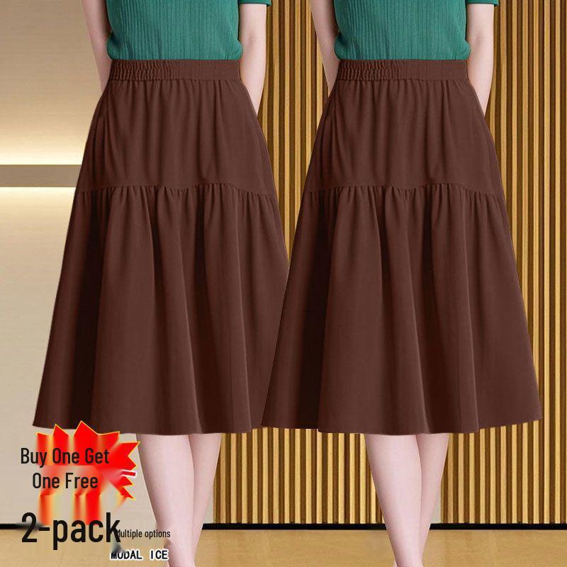 Women's A-Line Elastic Waist Skirt - Three-Quarter Length, Solid Color, Spring/Summer/Autumn Styles Available