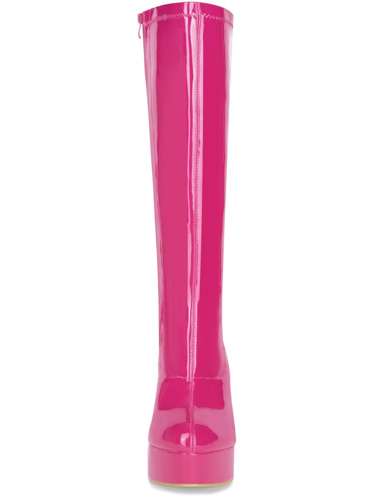Allegra K Women's Patent Leather Platform Chunky Heel Knee-High Boots, Hot Pink, Size 24.5cm