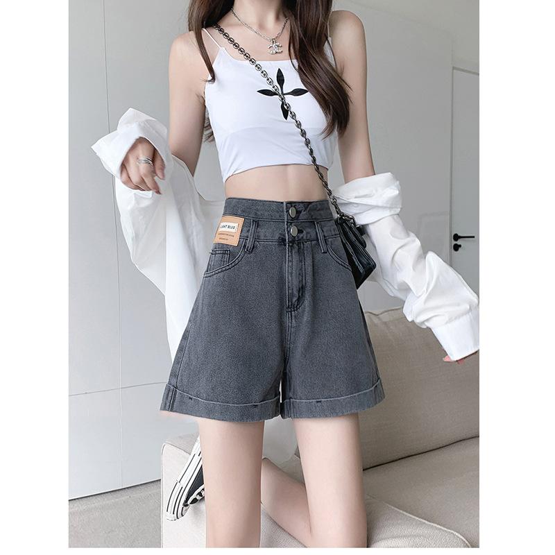 Çift Düğmeli Kıvırcık Denim Kadın İlkbahar ve Yaz Yeni Yüksek Bel Tasarım Bol ve Zayıflatıcı Geniş Paça A-kesim Denim Şort