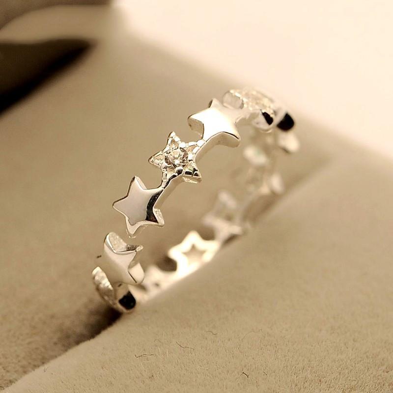 Silver Plated Star CZ Eternity Band Ring, Dainty Openwork Star Stackable Ring for Women