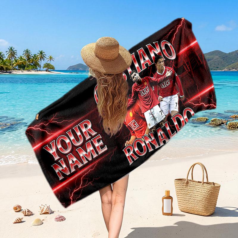 Cristiano Ronaldo Custom Beach Towel, Personalized Name Text Print, Football Logo Soft Quick‑Dry Towel Holiday Gift