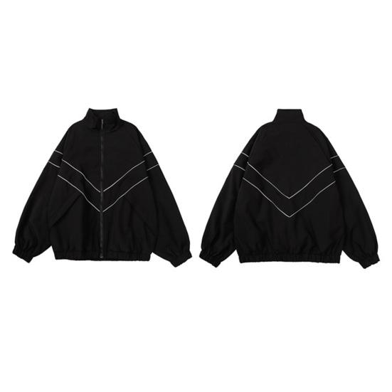 Men Spring Autumn Jacket Coat Stand Collar Long Sleeve Solid Color Reflective Striped Jacket Streetwear