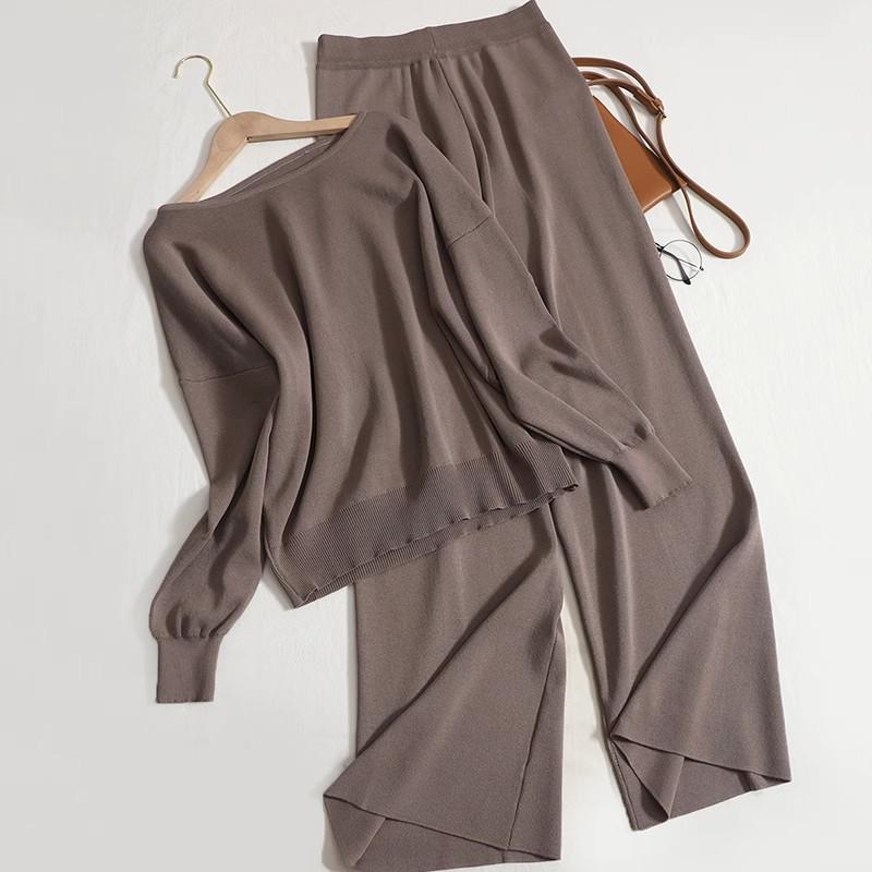 

Женский комплект свитера, комплект из 2 предметов, трикотажные свитера, топы, широкие брюки, спортивный костюм, комплекты для отдыха, осенне-зимняя одежда, спортивный костюм для женщин L коричневый