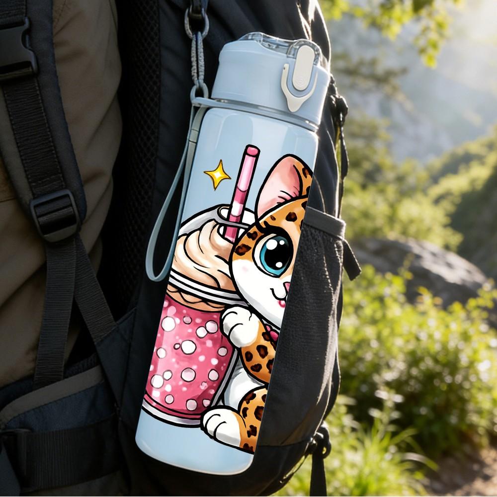 1PC Kitty Cat Drinking Milkshake Print 750ml Color Plastic Sports Water Bottle Leakproof Flip Straw Lid Suitable for Sports Office Home Use