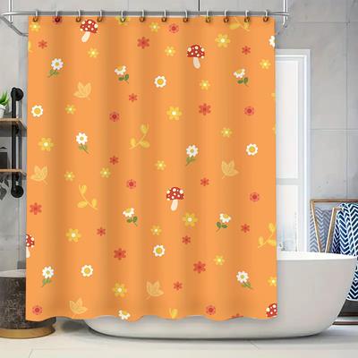 Colorful Mushroom and Flower Shower Curtain Set for Bathroom Decor Orange Print Shower Curtains Waterproof Bath Liner Home Decor