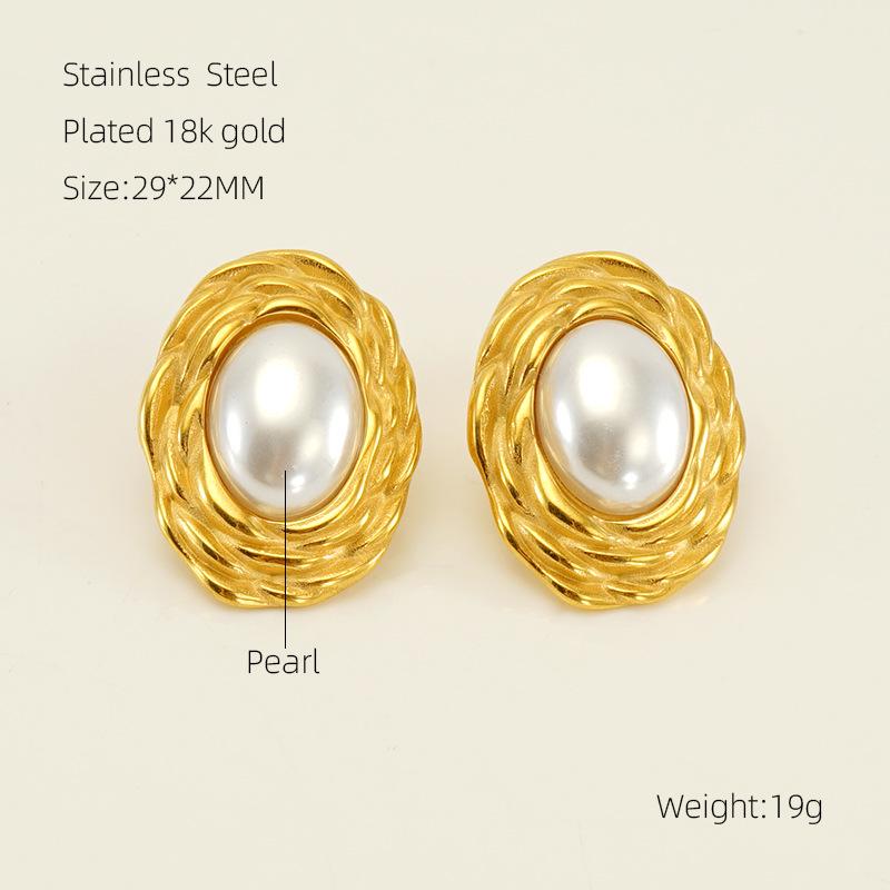 

Retro Woven Pearl Studs: European & American Style Stainless Steel Irregular Earrings for Women 18K Gold Plated