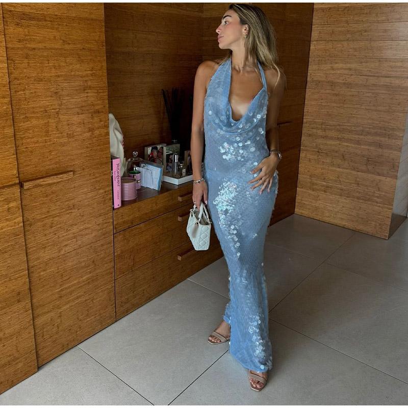 Elegantní flitrové společenské šaty bez zad pro ženy, plisé, šněrovací modré maxi večerní šaty, letní dámské tenké róby