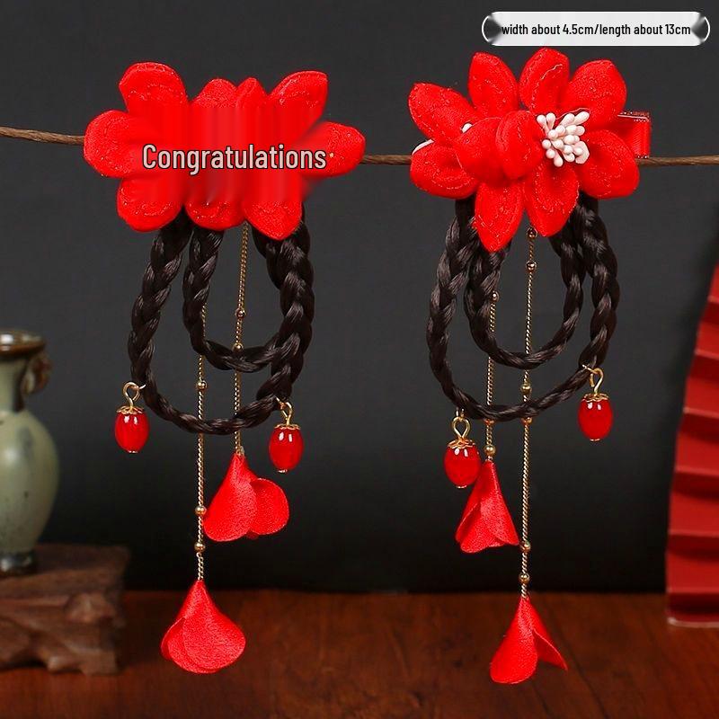 Chinese New Year Red Hair Clip with Pompon & Tassels for Baby Girl Hanfu
