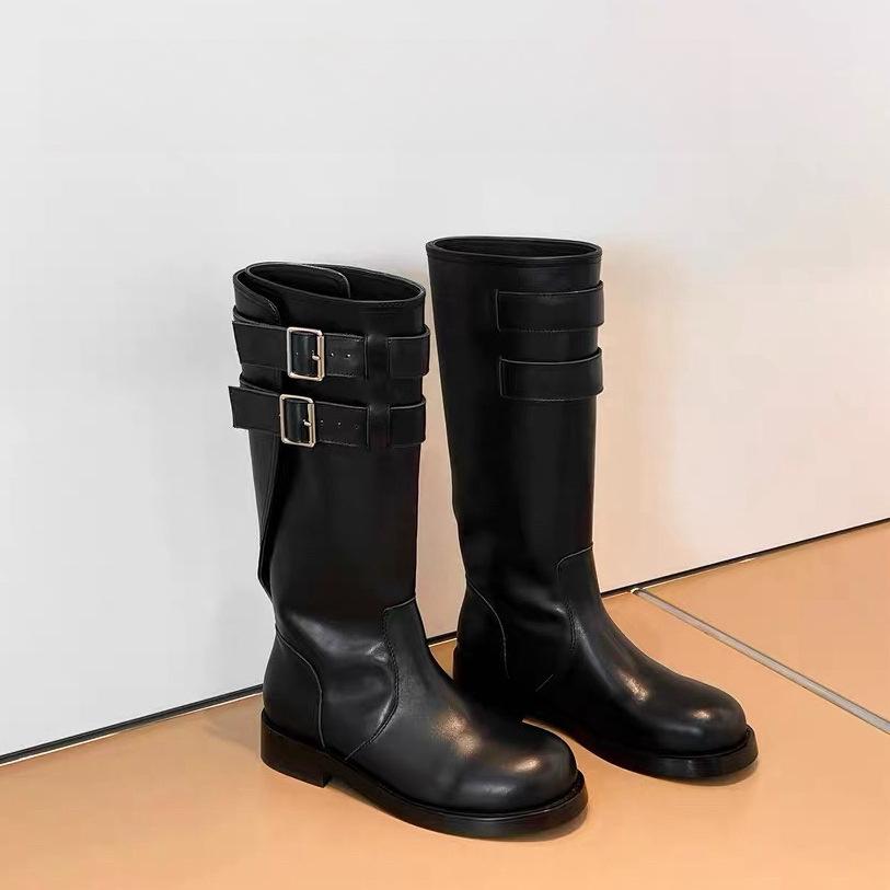 Cowhide Black Handsome Belt Buckle Low Heel High Tube Skinny Locomotive Boots Leather Boots Round Head Knight Boots Women's Boots