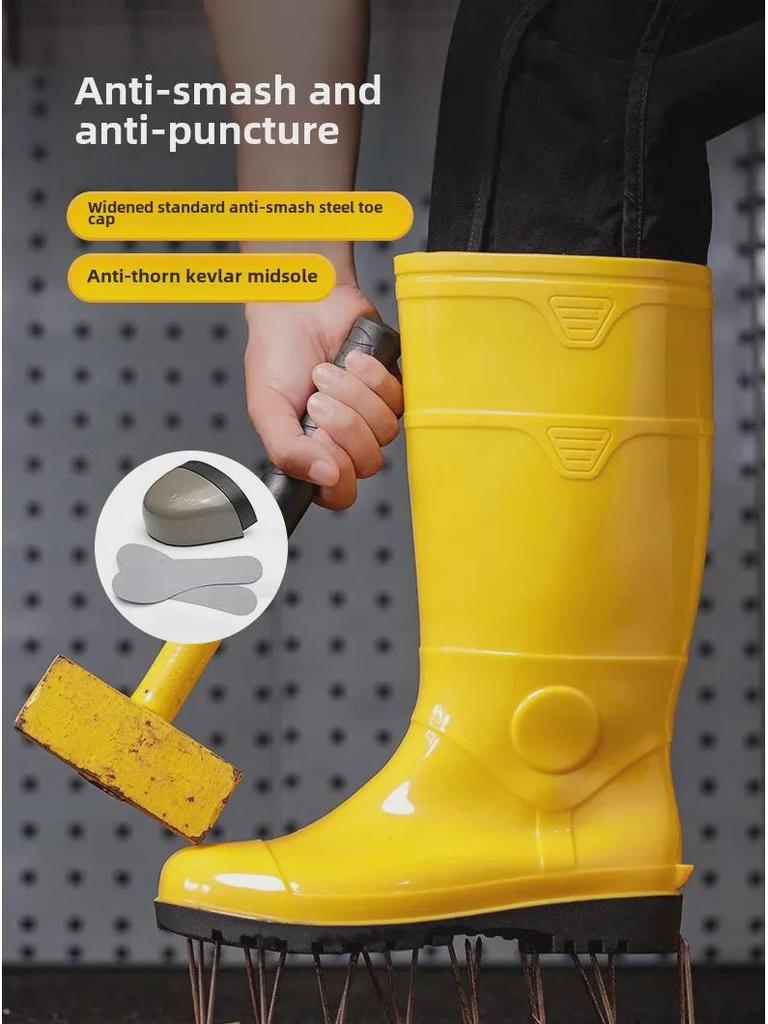 Men's Yellow Rain Boots: Mid To High Tube, Steel Toe, Anti-Smash, Anti-Puncture, Acid and Oil Resistant.