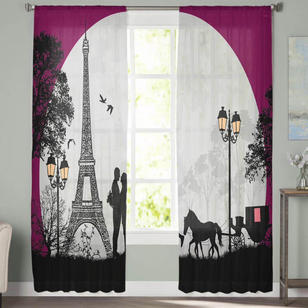 Romantischer Fenstervorhang mit Eiffelturm und Liebhaber für Schlafzimmer, durchsichtiger Vorhang für Wohnzimmer, luxuriöser Tüllvorhang für die Küche