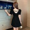 Summer new square neck bubble sleeves sexy backless waist and thin temperament Hepburn style black dress