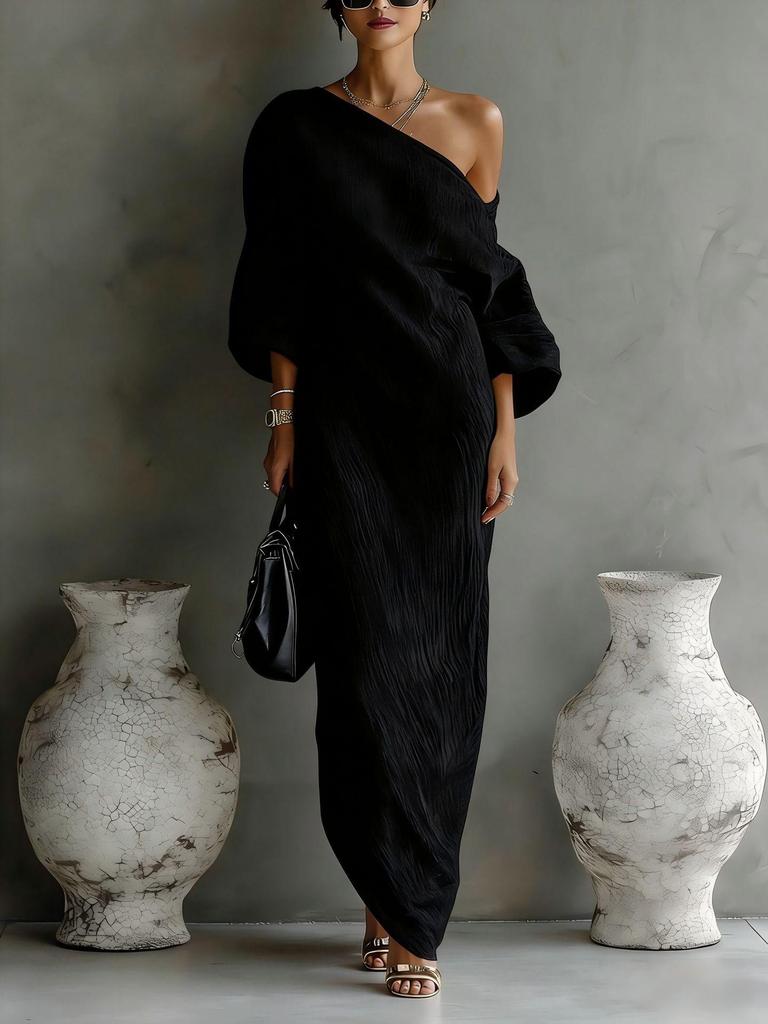 Spring/Summer 2026 Europe High-end Women's Long Sleeve Off-the-Shoulder Mid-Waist Pullover Dress