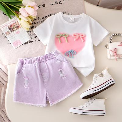 Girls Fashion Set Summer Children Casual Round Neck Love Bow Top Ripped Jeans Set