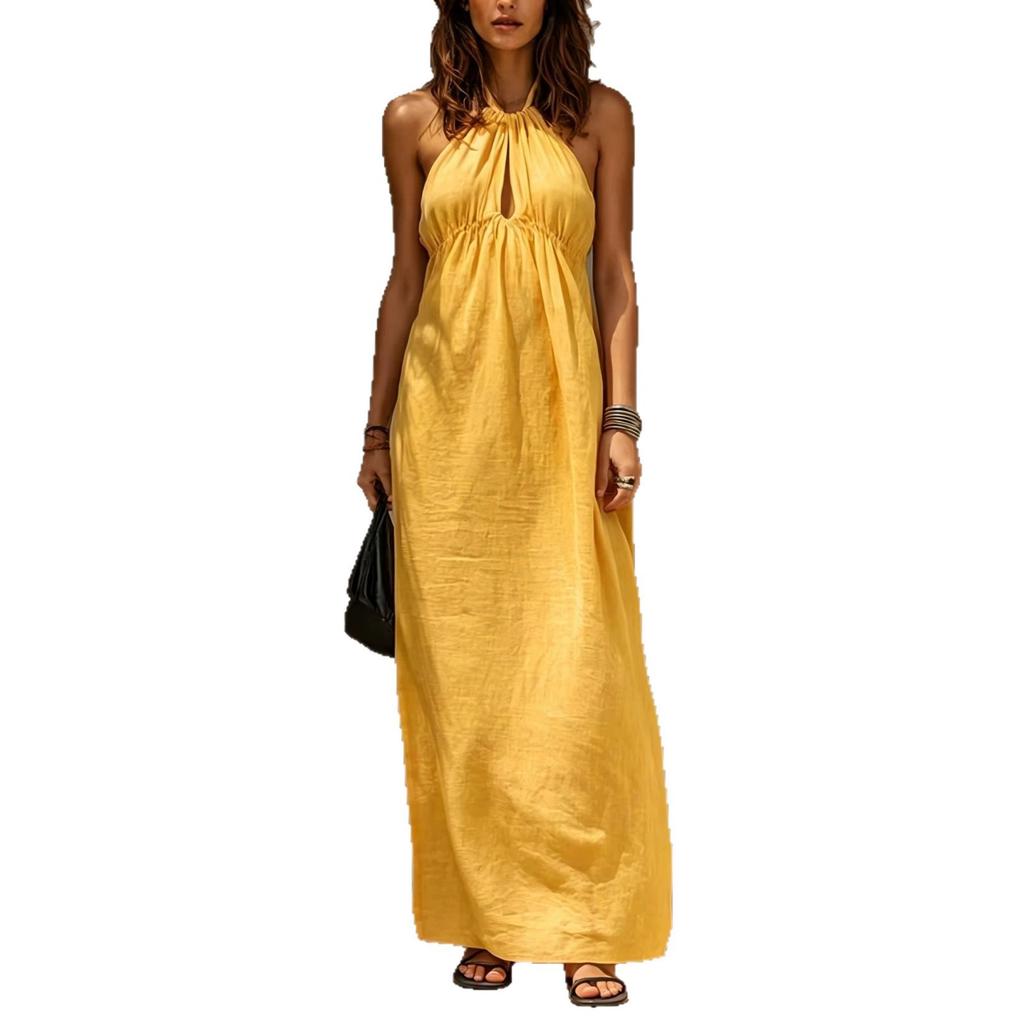 European and American style neck dress women's summer V-neck high-heeled holiday style long dress