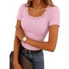 Women's Square Neck Short Sleeve Lace Patchwork Ribbed Knit Top Regular Fit Casual Tee