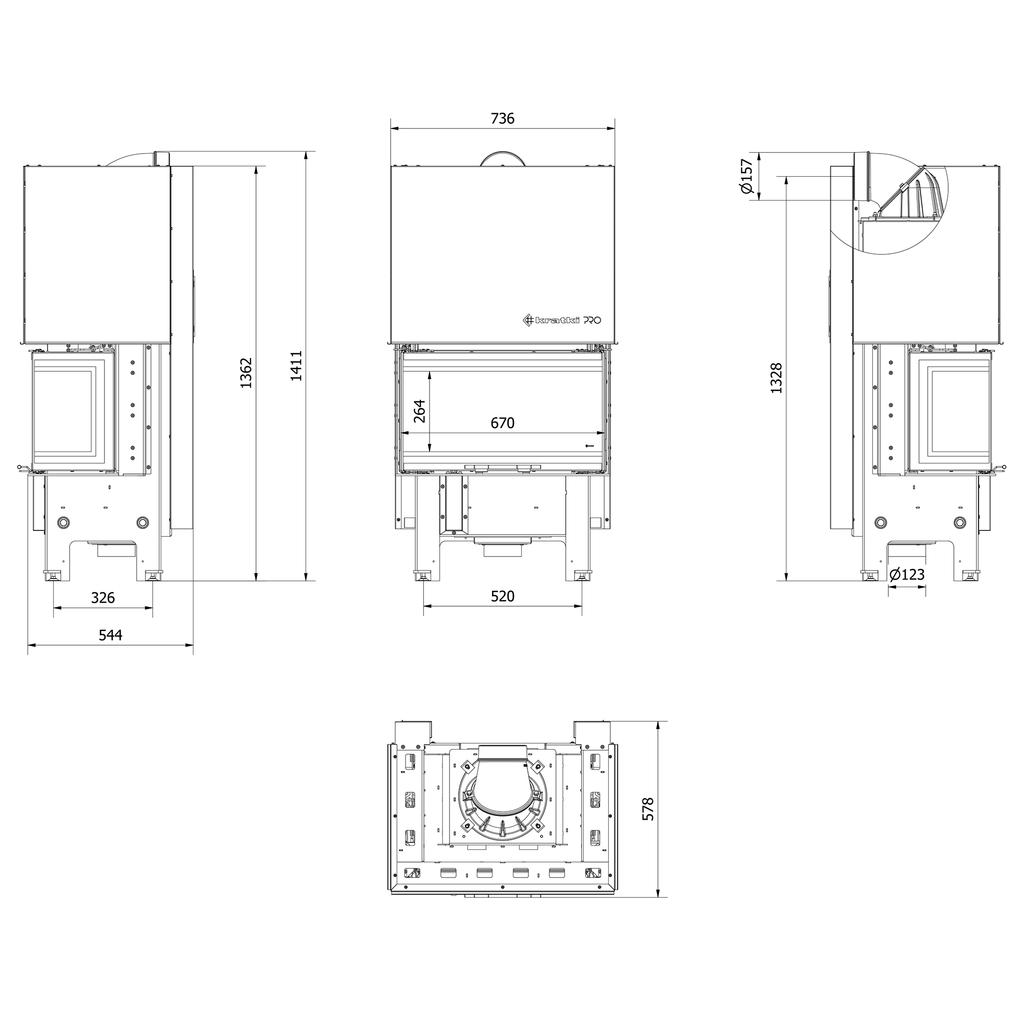 Steel fireplace KRATKI REGNOR 680/280 6 kW Ø 160 3-sided, black thermotec
