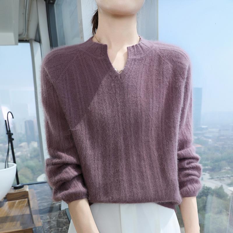 Women's Mink Cashmere V-Neck Sweater - Autumn/Winter 2025 Loose Fit, Short Solid Color, Knitted Wool Pullover Jumper