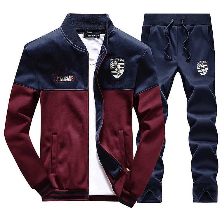 Men s Spring And Autumn Casual Sports Suit Fashion Teen Student Stand Collar Baseball Uniform Men s Two-piece Set 2XL синий/красный