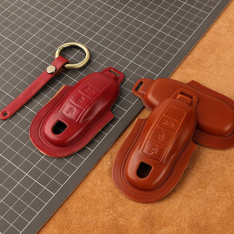 Genuine Leather Key Cover for Porsche Macan, Cayenne, 911, Panamera - Cowhide Shell with Buckle