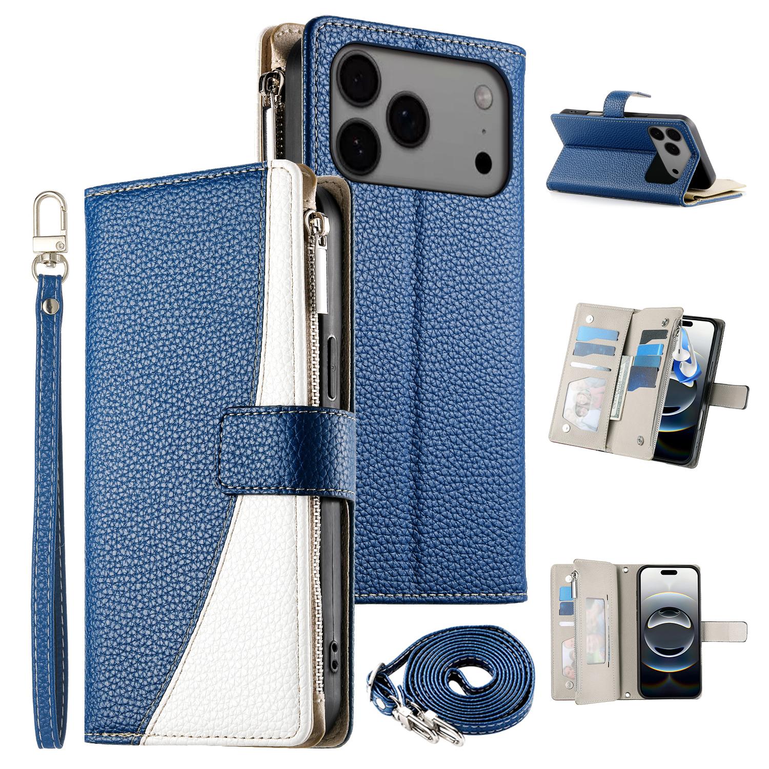 

For iPhone 17 Pro Max Case Zipper Wallet Color Splicing Leather Flip Phone Cover with Straps Dark Blue