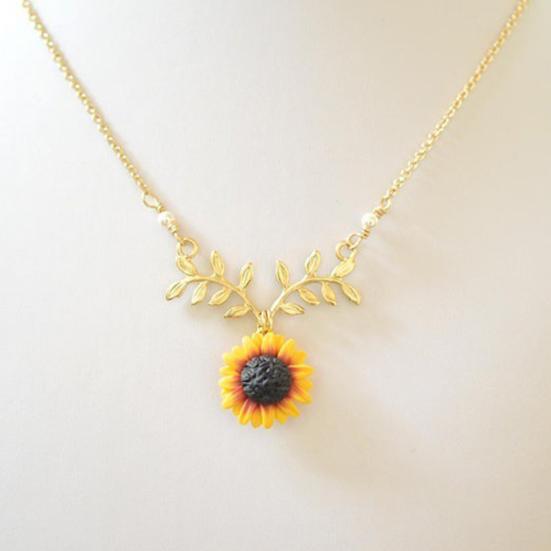 Women Faux Pearl Sunflower Leaf Branch Twig Pendant Necklace Jewelry
