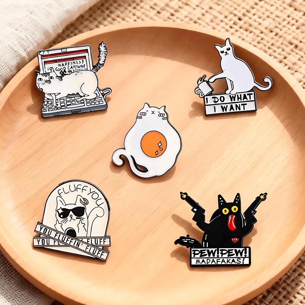 5pcs Cartoon Funny Black and White Text Cat Metal Brooch Animal Cute Cat Series Badge Brooch Pin Anti-Slip Clothing Pins One Size