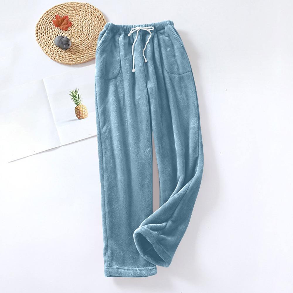 Women's Fuzzy Fleece Wide Leg Pajama Pants Elastic Drawstring Waist Warm Loungewear Sleep Trousers With Pockets