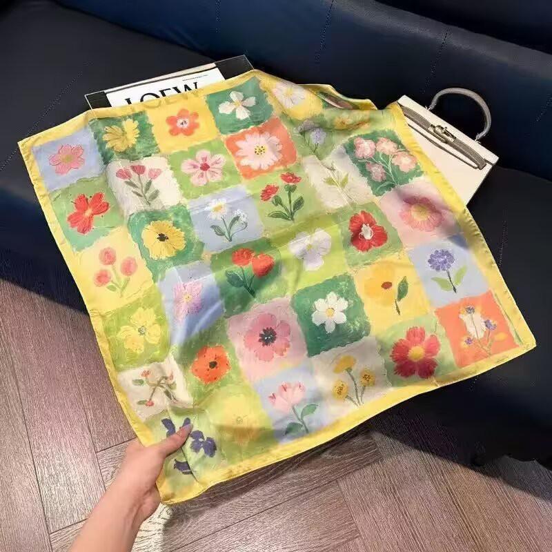 70x70cm Lightweight Cotton Silk Square Scarf With Boho Floral Print Breathable Neck Wrap Women