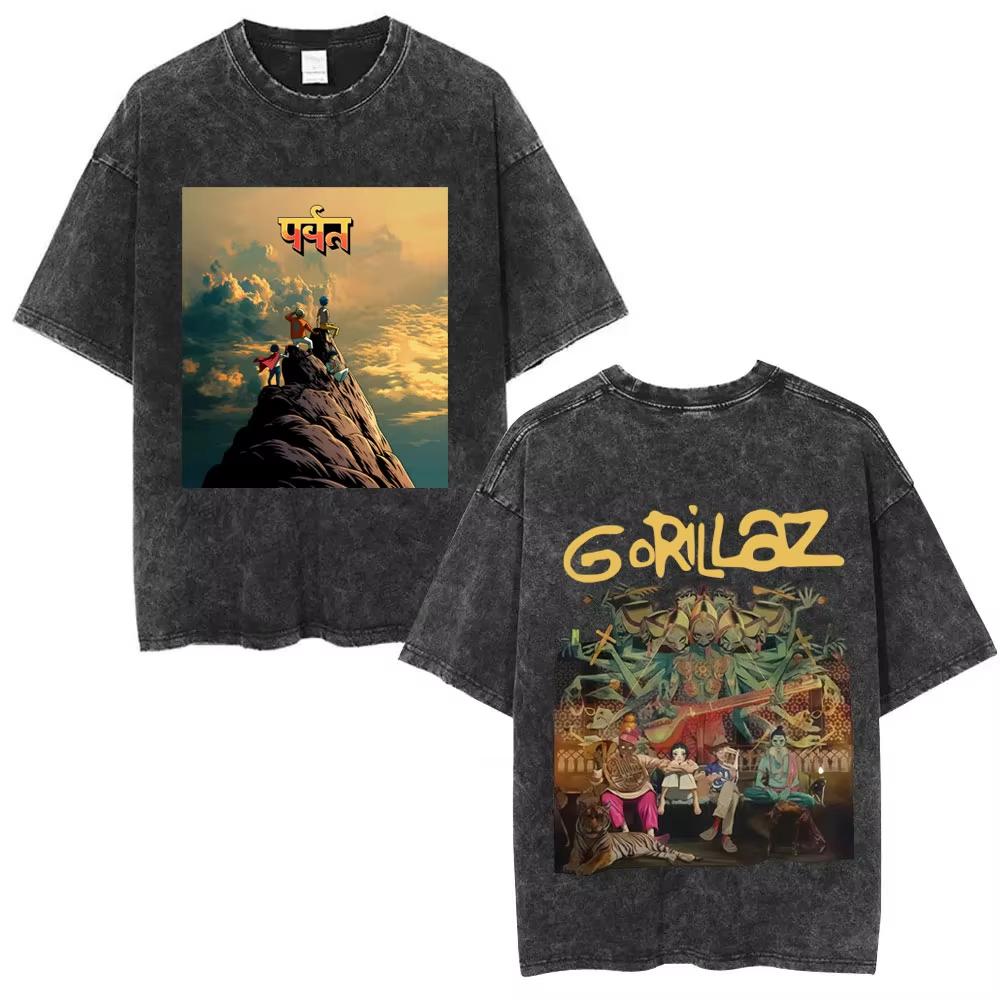 Washed Vintage Rock Band Gorillaz Album Graphic T-shirt Men's Women Hip Hop Fashion Oversized T Shirts Male Cotton Streetwear