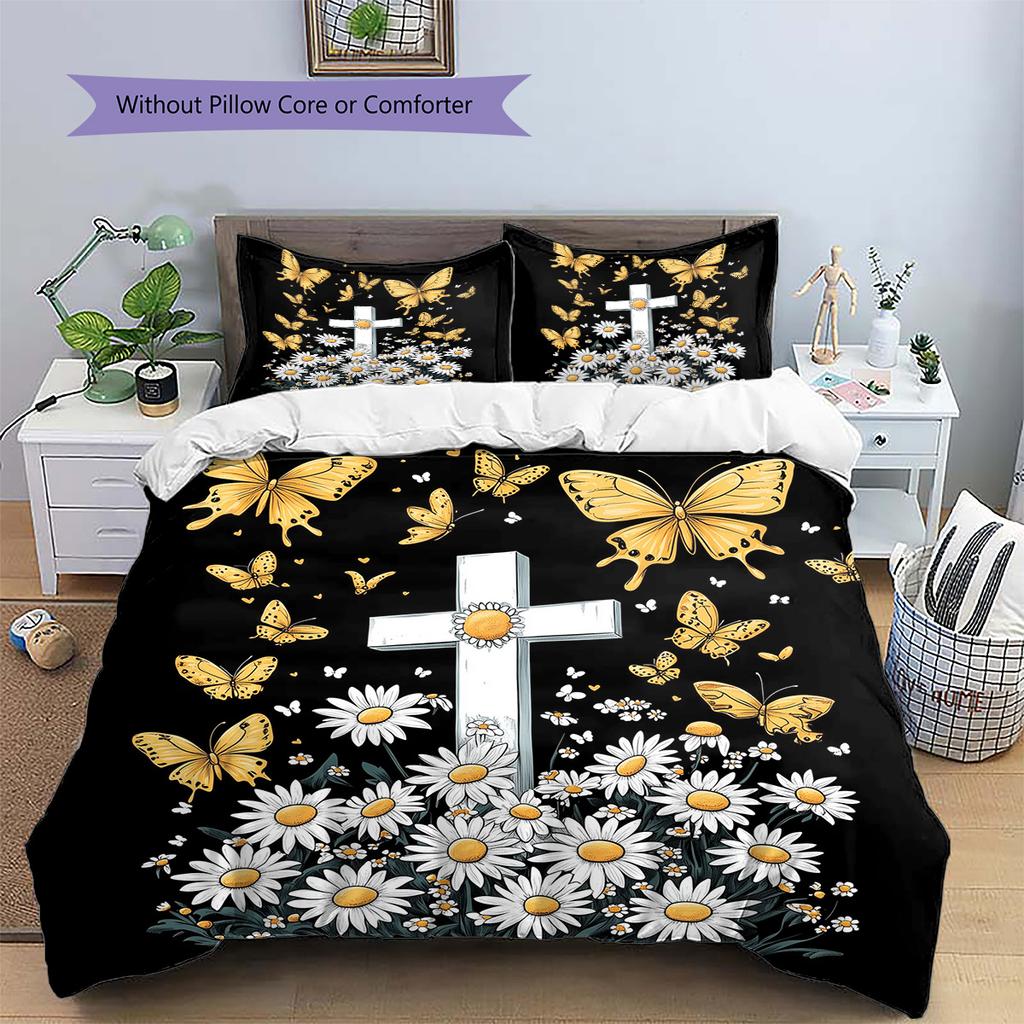 Daisy Butterfly  Pattern Bedding Quilt Set Quilt Cover Pillowcase Home Decoration  Gift (1 * Duvet Cover + 2 * Pillowcase, Without Core)