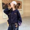 2026 Autumn Women's Retro Fleece-Lined Baseball Jacket: College Style, Loose Fit, Printed Design