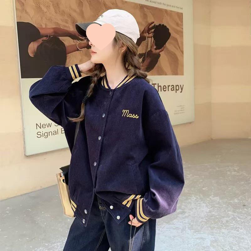 2026 Autumn Women's Retro Fleece-Lined Baseball Jacket: College Style, Loose Fit, Printed Design