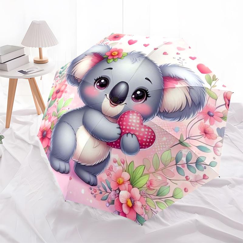 1pc Cute Koala with Heart On Floral Background Umbrella with Plastic Handle,Suitable for All Seasons Home Travel Outdoor UmbrellaDD558