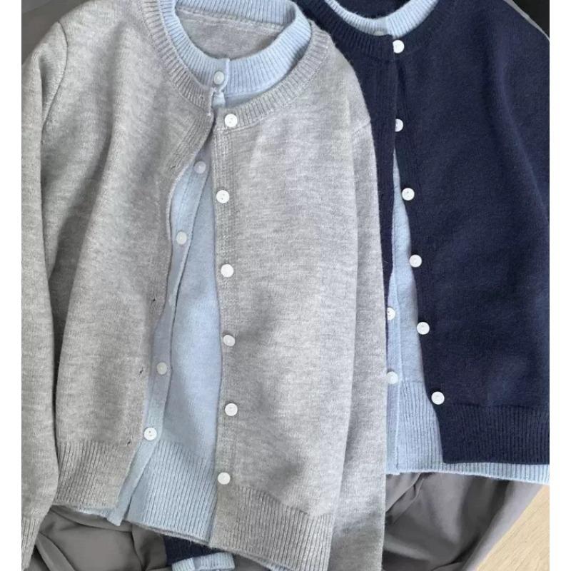 Fake Two Piece Women's Cardigan Round Neck Contrasted Colors Single Breasted Ladies Knitted Sweater Autumn Korean Style Fashion Famale Clothing