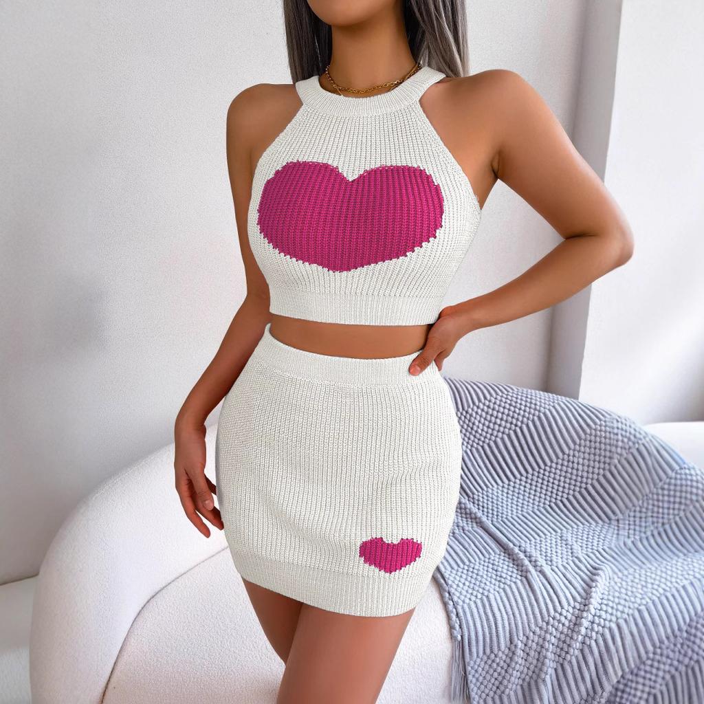 Women Heart Pattern Knit Two Piece Outfit Crop Top And Bodycon Mini Skirt Set