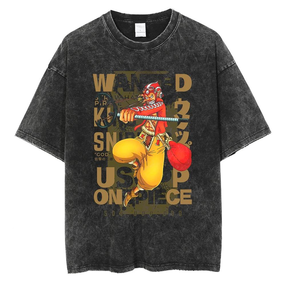 Harajuku Fashion Vintage TShirt Japanese ONE PIECE Anime Graphic Oversize T Shirt Washed Tshirt Men Summer Cotton Tops Tees