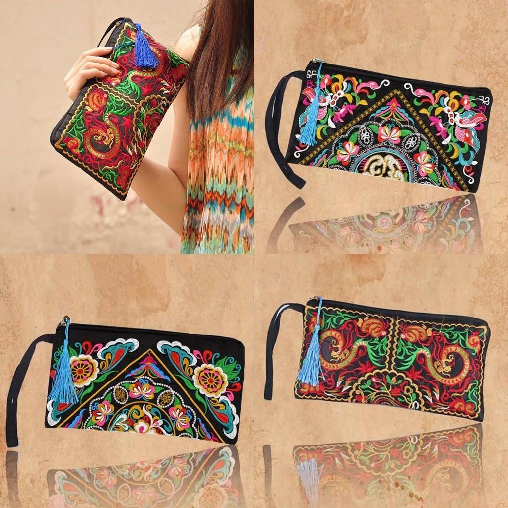 Ethnic Embroidered Long Wallet With Tassel Polyester Fabric Retro Style