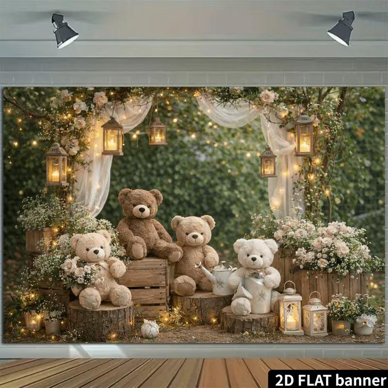 2D Whimsical Woodland Baby Bear Backdrop 2D Flat Print for Baby Showers, Christenings, and Kids Events
