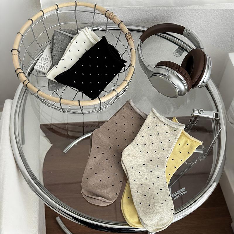Graue Polka-Dot Baumwoll-Slouch-Socken für Damen - Atmungsaktiv, Weich, Umgeschlagener Bund, Vielseitig, Geeignet für die Zeit nach der Geburt.