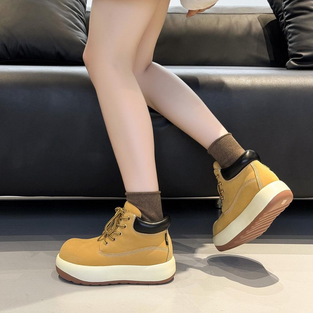 Leather Platform High-top Shoes for Women's 2025 Autumn New Ugly Cute Big Head Versatile Short Boots Ins Heightening Rhubarb Boots Tide