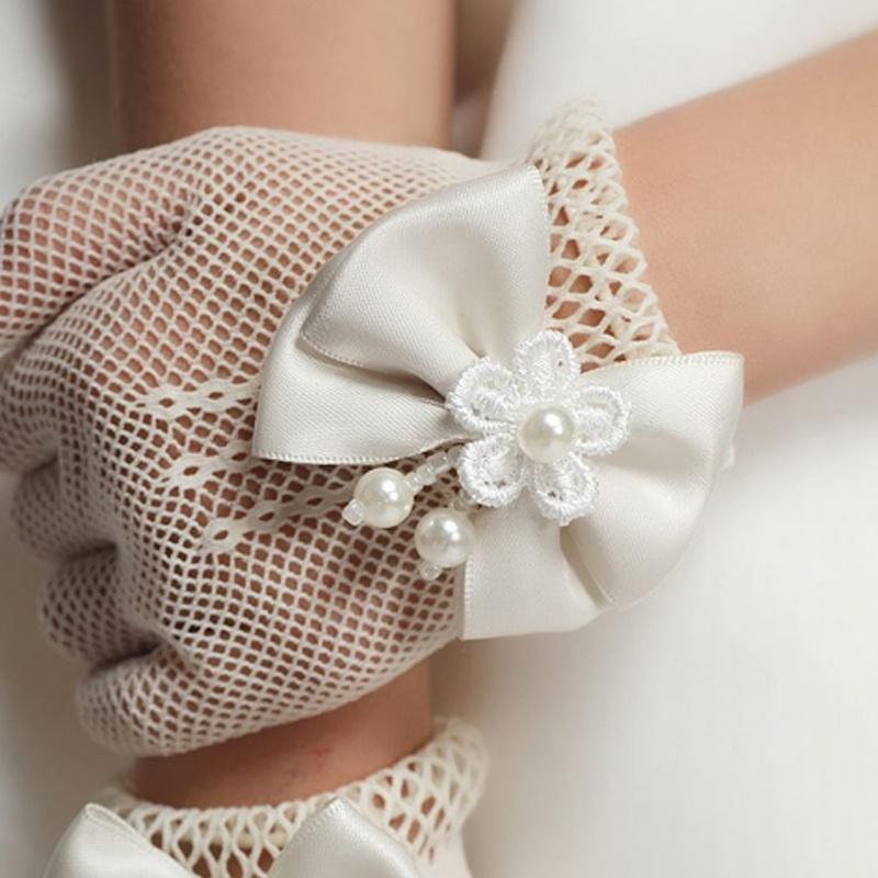 Gloves Girl Bride Party Ceremony Accessories 1 Pair Girls Kids White Lace Faux Pearl Fishnet