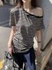 Women's Asymmetric Neck Short Sleeve Tee Loose Fit Commuter Style Striped Pattern Basic Top