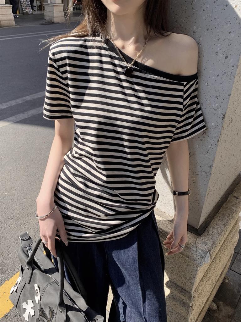 Women's Asymmetric Neck Short Sleeve Tee Loose Fit Commuter Style Striped Pattern Basic Top