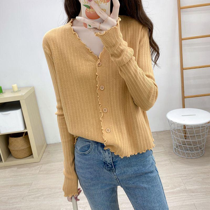 Knit Top Spring Fall Premium V Neck Air Conditioning Cover Versatile Sweater Thin Coat Long Sleeve Cardigan Women