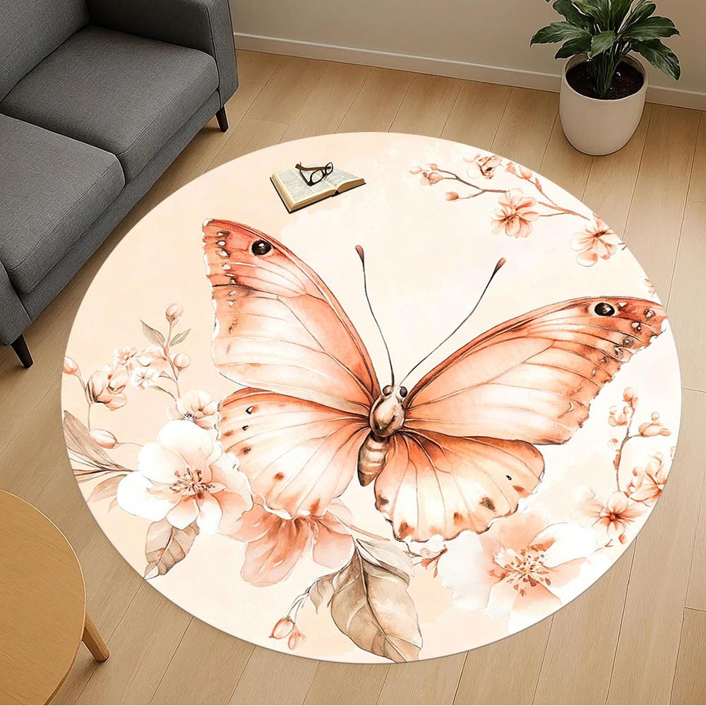 1PC Butterfly Flowers Office Round Area Rug, Under Office Chairs Bedroom Living Room Home Decor, Carpet for Office -1110094